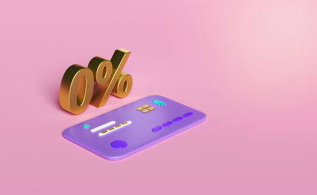 3d gold 0%, zero percent isolated on pink background. discounted products via credit card concept, 3d render illustration, clipping pathの写真素材