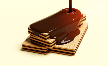 3d crispy wafer sticks with pour the hot chocolate isolated on cream color background. advertising for packaging, 3d render illustration, clipping pathの写真素材