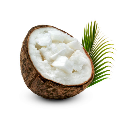 Coconut milk tropical fruit or fluffy coconut cut in half with palm leaf isolated on white backgroundの写真素材