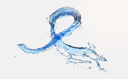 3d water splash transparent, clear blue water scattered around isolated on white background. 3d render illustrationの写真素材