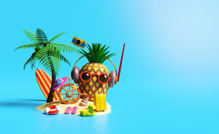 3d summer travel concept with pineapple, helm, surfboard, palm tree, lifebuoy, suitcase, yellow duck, sandals, beach, sunglasses, headphones isolated on blue background. 3d render illustrationの写真素材