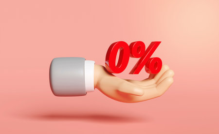 3d cartoon businessman hands holding red 0%, zero percent isolated on pink background. discounted products, marketing promotion bonuses concept, 3d render illustrationの写真素材