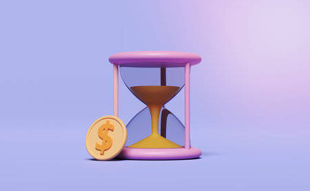 3d pink hourglass with dollar coins isolated on purple background. business growth concept, 3d illustration or 3d renderの写真素材