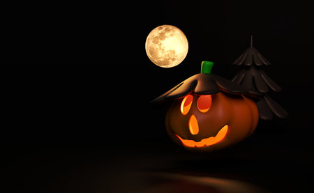 3d halloween pumpkin holiday party with full moon, Scared Jack O Lantern and candle light in pumpkin, hat under the moonlight for happy halloween, 3d render illustrationの写真素材