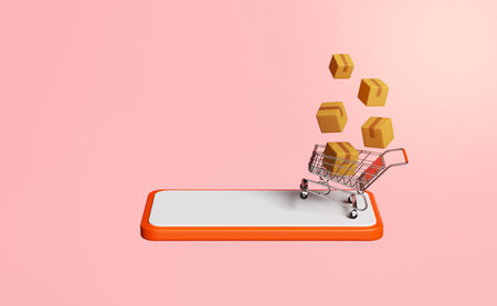 3d orange mobile phone, smartphone with paper bags, goods cardboard box, shopping cart isolated on pink background. online shopping concept, 3d render illustrationの写真素材