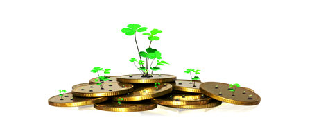 Lucky economic growth concept with piles of coins and treeの写真素材