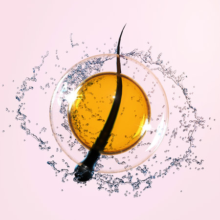 3d restore and nourish hair, scalp with shampoo, serum, treatment hair care, bubbles, oil liquid drop, water splash isolated on pink background. 3d render illustrationの写真素材