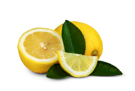 Lemon with leaf isolated on white backgroundの写真素材