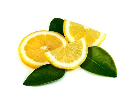 Lemon with leaf isolated on white backgroundの写真素材