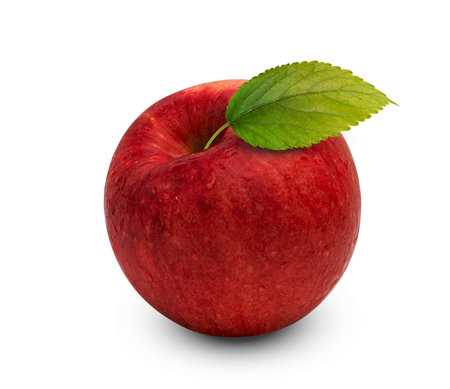 red apple with green leaf and water drop isolated on white background ,include clipping pathの写真素材