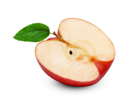 red apple cut in half with green leaf isolated on white backgroundの写真素材