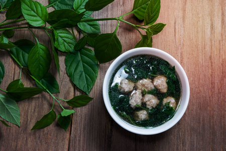 Chinese violet soup with pork meat ballの写真素材