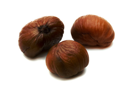 peeled roasted chestnut isolated on white backgroundの写真素材