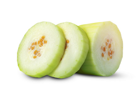 peeled winter melon sliced isolated on white backgroundの写真素材