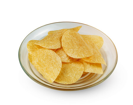 potato chips with transparent dish isolated on white background ,include clipping pathの写真素材