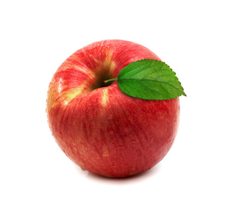 red apple and water drop with green leaf isolated on white backgroundの写真素材