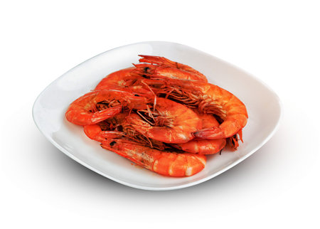 roasted prawn in dish isolated on white background ,grilled shrimp ,include clipping pathの写真素材