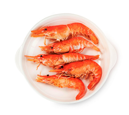 roasted river shrimp common with dish isolated on white background ,grilled prawn ,include clipping pathの写真素材
