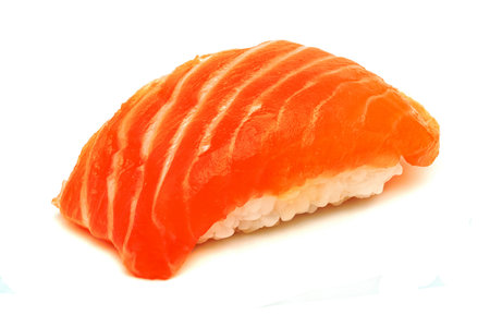 Salmon sushi nigiri isolated on white background, Japanese foodの写真素材