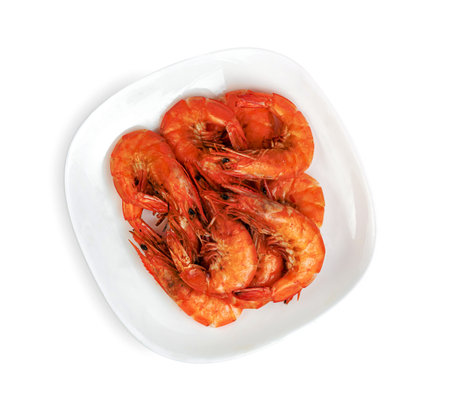 roasted prawn in dish isolated on white background ,grilled shrimp ,include clipping pathの写真素材