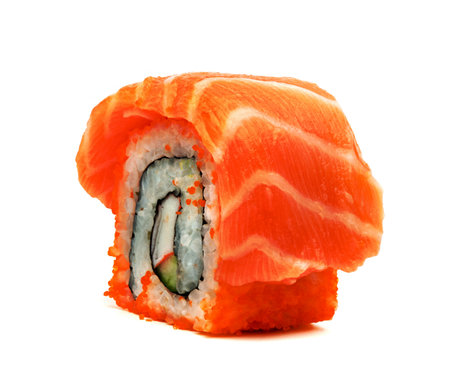 rolled sushi salmon nigiri isolated on white background, Japanese foodの写真素材