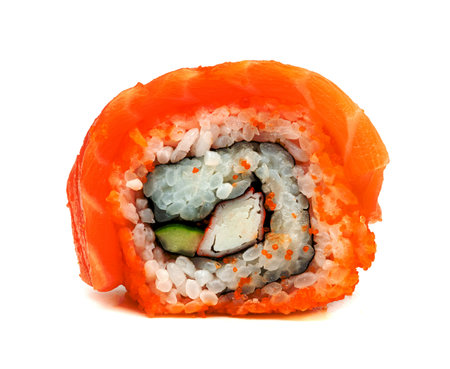 rolled sushi salmon nigiri isolated on white background, Japanese foodの写真素材