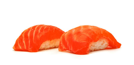 Salmon sushi nigiri isolated on white background, Japanese foodの写真素材
