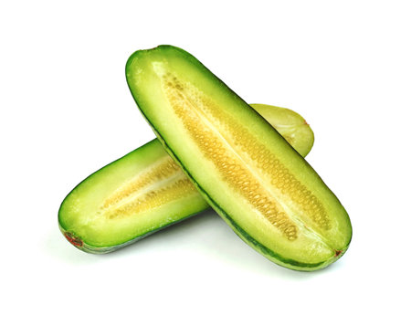 sliced Cucumber or Cucumis melo isolated on white backgroundの写真素材