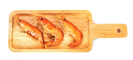 roasted river shrimp common with square wooden tray isolated on white background ,grilled prawnの写真素材