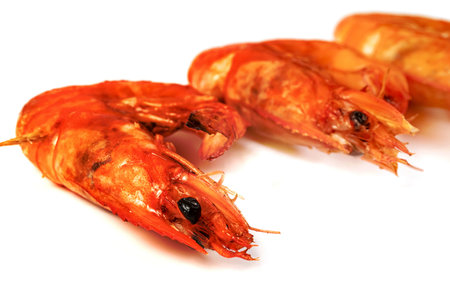 roasted prawn with skewer isolated on white background ,grilled shrimpの写真素材
