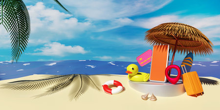 summer travel with cylinder stage podium,umbrella,lifebuoy,yellow duck,seaside,mobile phone,suitcase,palm tree isolated on blue sky background.online shopping summer sale,3d illustration or 3d renderの写真素材