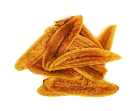 sweet banana crisps  isolated on white backgroundの写真素材