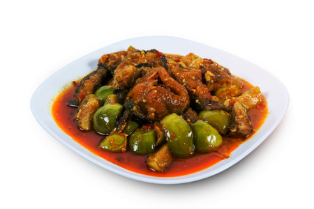 Spicy Fried Stir Catfish isolated on white background,clipping pathの写真素材