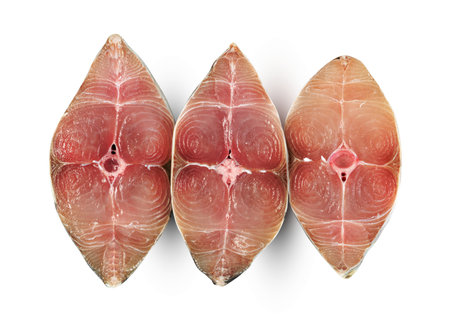 Spanish mackerel slice or spotted mackerels isolated on white background ,include clipping path ,Scomberomorusの写真素材