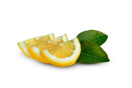 Lemon with leaf isolated on white backgroundの写真素材