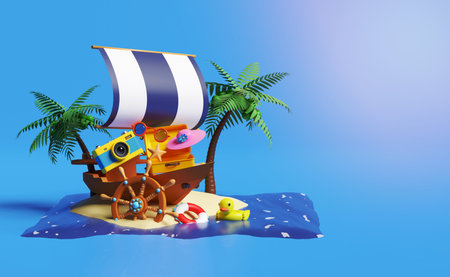 sailing boat with sternwheel, suitcase, palm tree, lifebuoy, yellow duck, island, camera, sea, hat isolated on blue background. summer travel concept, 3d illustration or 3d renderの写真素材