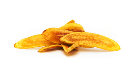 sweet banana crisps  isolated on white backgroundの写真素材