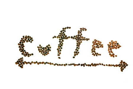 word coffee spelled with bean seeds isolated on white backgroundの写真素材