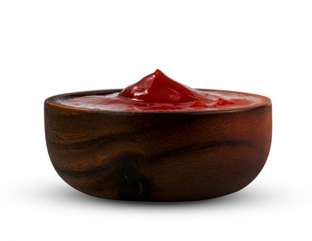 tomato sauce in wooden bowl isolated on white background ,include clipping pathの写真素材