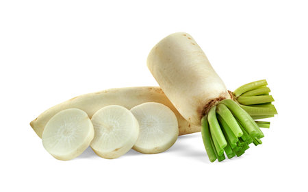 sliced Radish isolated on white background ,include clipping pathの写真素材