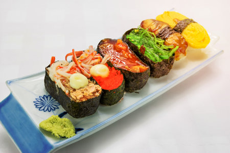 Sushi set on background,Japanese seafoodの写真素材
