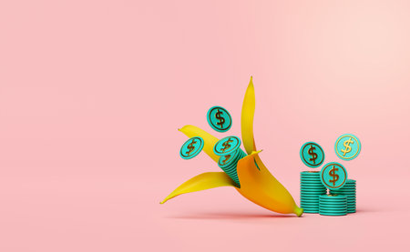 yellow banana with pile stacked coin  isolated on pink background. easy finance, saving money, business growth, fund, interest concept, 3d illustration or 3d renderの写真素材