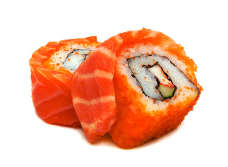 rolled sushi salmon nigiri isolated on white background, Japanese foodの写真素材
