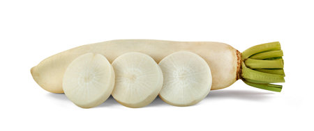 sliced Radish isolated on white backgroundの写真素材