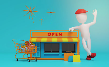 Stick man and store front with gift box and shopping cart in blue composition ,franchise business concept ,3d illustration or 3d renderingの写真素材