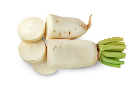 sliced Radish isolated on white background ,include clipping pathの写真素材