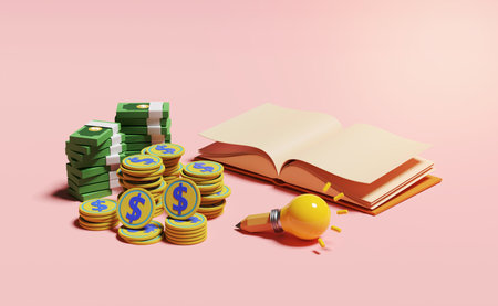 yellow light bulb with money banknote, coins stacks, pencil, open book isolated on pink background. idea tip education, knowledge creates ideas concept, 3d illustration, 3d renderの写真素材