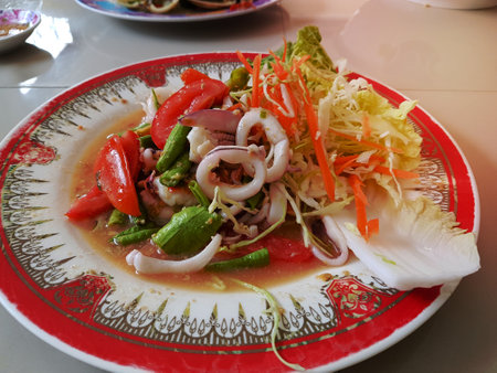 Thai style salad seafood on tableの写真素材