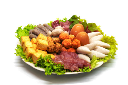 various fresh vegetables for sukiyaki on white backgroundの写真素材