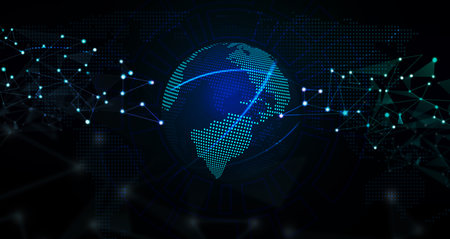 dotted holographic model of the planet on a dark blue background. Global world internet, high technology. Abstract backdropの写真素材